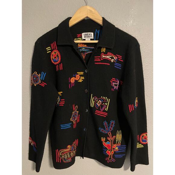 Chicos Design Sweater Womens 0 US Small Black Wool Button Up Aztec Embroidered - Picture 1 of 7